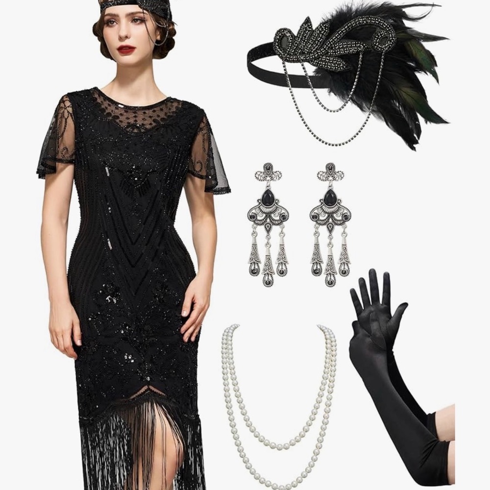 SWEETV 1920s Gatsby Flapper Dress with Accessories – Sequin Fringe Roaring 20s - Picture 2 of 12